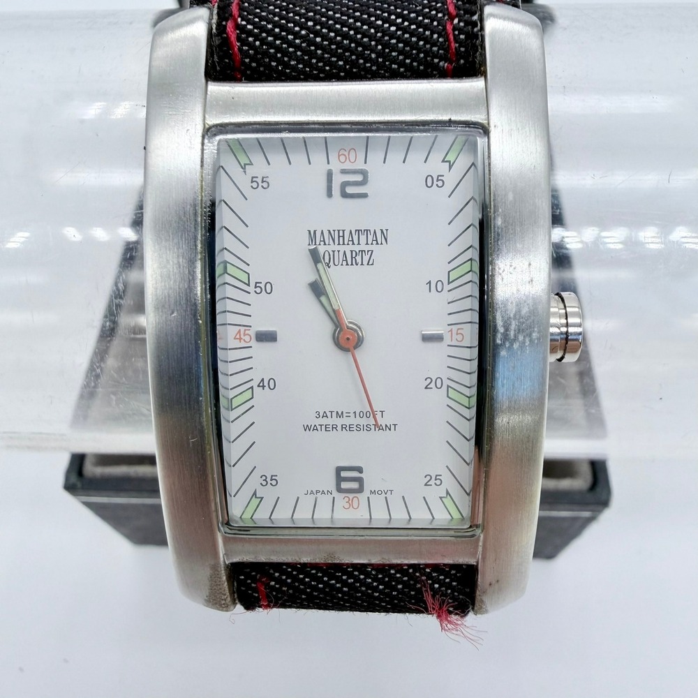 Croton Manhattan Mens Quartz Stainless Steel Black Denim Cuff Watch White Dial